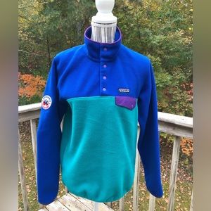 PATAGONIA TEAL, PURPLE, BLUE COLOR BLOCK SYNCHILLA SNAP FLEECE SZ S EUC